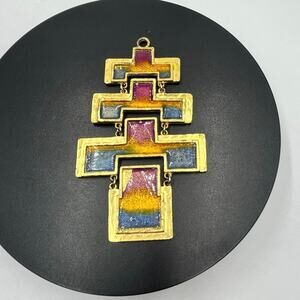 Mandle Art Vintage 
Enamel Geometric Cross Pendant
Gold Tone Signed Statement